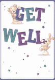 Radiating playful optimism, this get well card features two adorable companions-a fluffy teddy bear and a gleeful puppy-who seem to leap forward with energy reminiscent of Kingston upon Thames' lively weekend atmosphere. The bear's tufted, cinnamon fur and the puppy's velvety, floppy ears are rendered so tactile that they recall the soft comfort of hugging a cherished pet or clutching a fresh bouquet from a local florist. Together, they support the large, vibrant letters of 'Get Well,' hand-painted in jewel-like indigos and peaceful teals, which stand out boldly against a warm cream background. Scattered stars shimmer in twilight hues of blue and purple, imbuing the card with a sense of hopeful magic not unlike the riverside sparkles seen at sunset near Canbury Gardens. The affectionate gaze and lively postures of the bear and puppy carry a message of healing and sincere friendship-just the comfort you'd want for neighbours or family across Kingston upon Thames, thoughtfully echoed in every flower arrangement made and delivered locally.